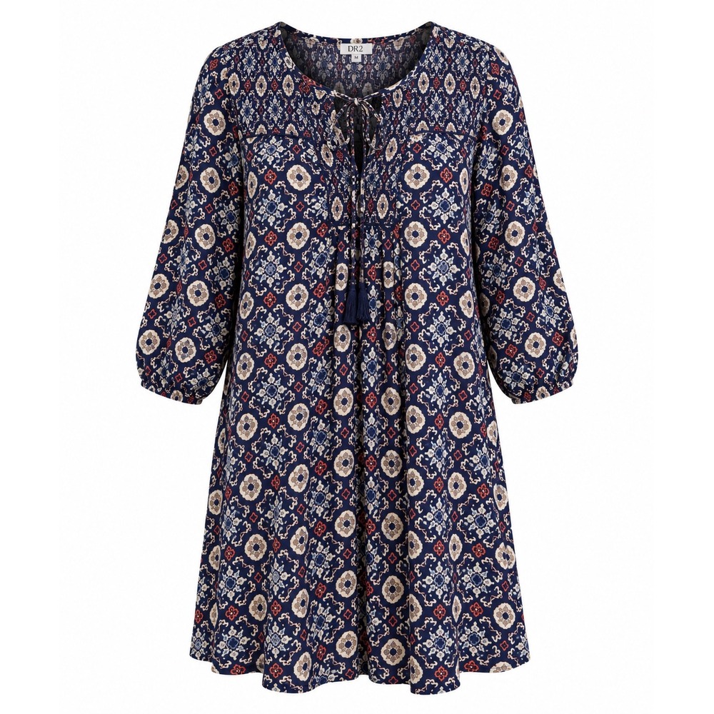 DR2 by Daniel Rainn Navy Blue Medallion 3/4-Sleeve Peasant Dress, Small